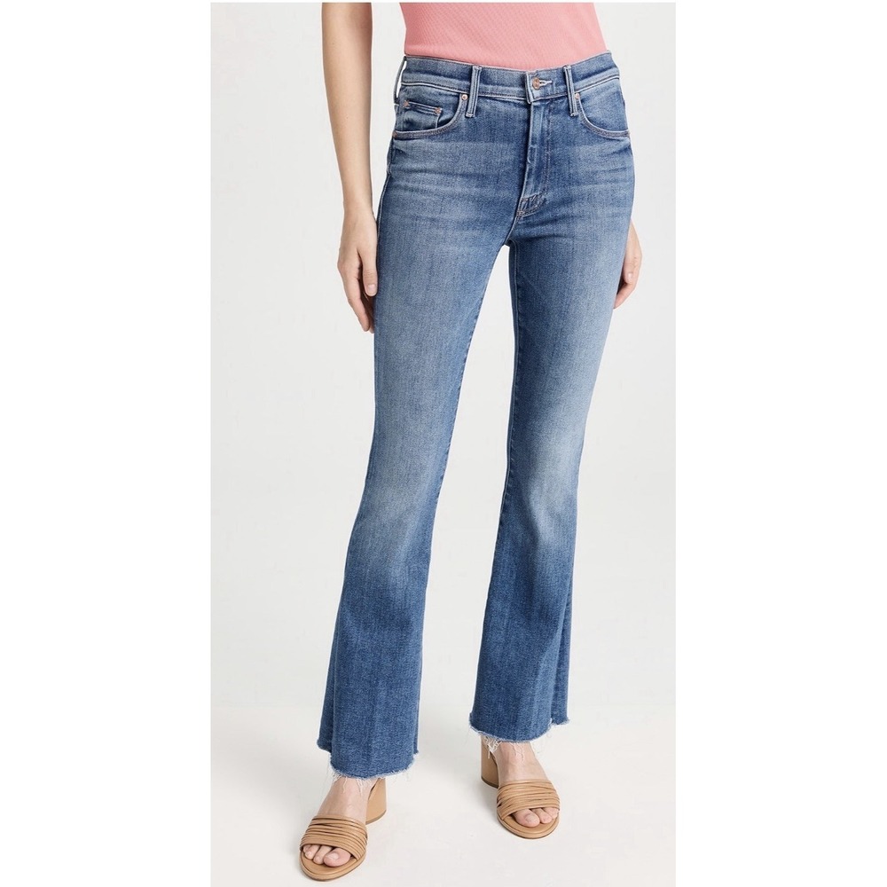 MOTHER Denim The Weekender Fray Jeans 32 Blue Flare Boho Frayed Hem Stretch